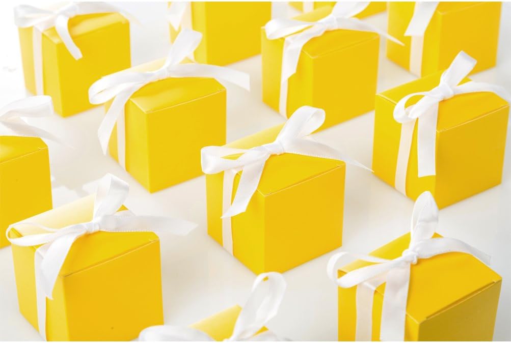 AWELL Yellow Gift Candy Box Bulk 2x2x2 inches with White Ribbon Party Favor Box,Pack of 50