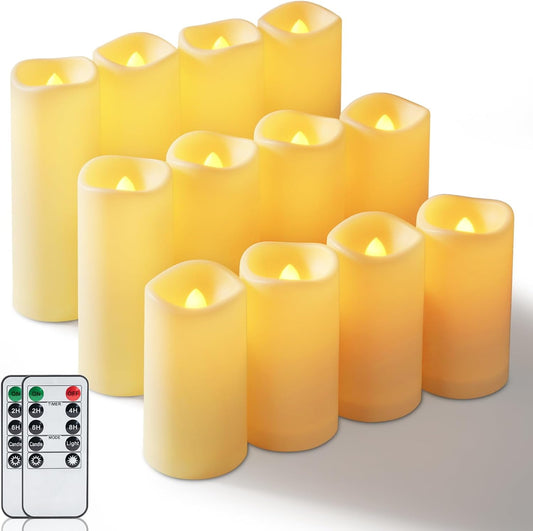 Homemory 12-Piece Waterproof Flameless LED Candles with Remote Control & Timer, Multi-Size Set (D2.2'' x H4''5''6''), Battery Operated for Outdoor/Indoor Decor, Wedding, Holidays & Events