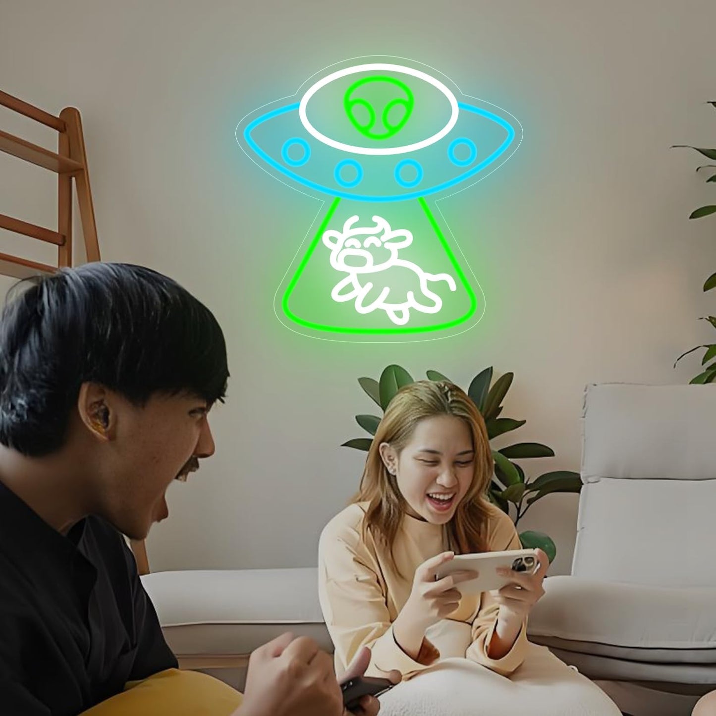 Alien Neon Sign Dimmable UFO Neon Signs for Wall Decor Bedroom Man Cave Alien Spaceship Cow Neon Sign for Kids Birthday Gift