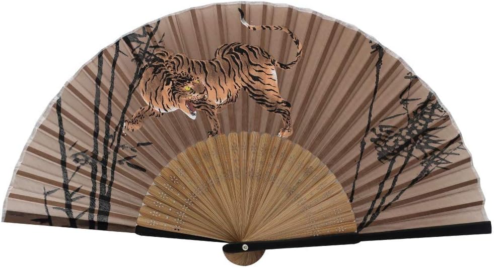Terra Distribution Folding Fan [Japan Import] Hand Fans for Women Foldable, Japanese Fan, Unique Design, Handmade Bamboo, Silk Fan, 8.6" (22cm), Abanicos de Mano (555 (Tiger))