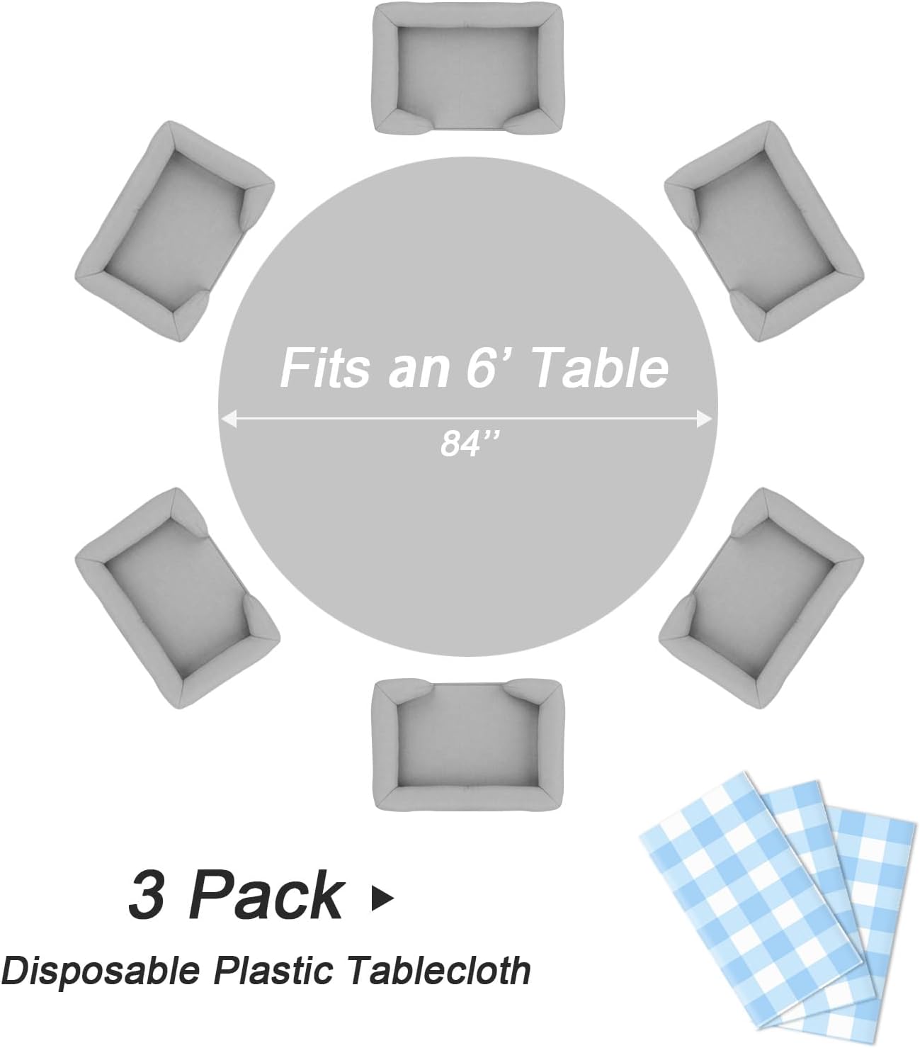 QIKSION Blue Gingham Round Tablecloth 3 Pack, 84 Inch Plastic Checkered Table Cover Disposable for Parties