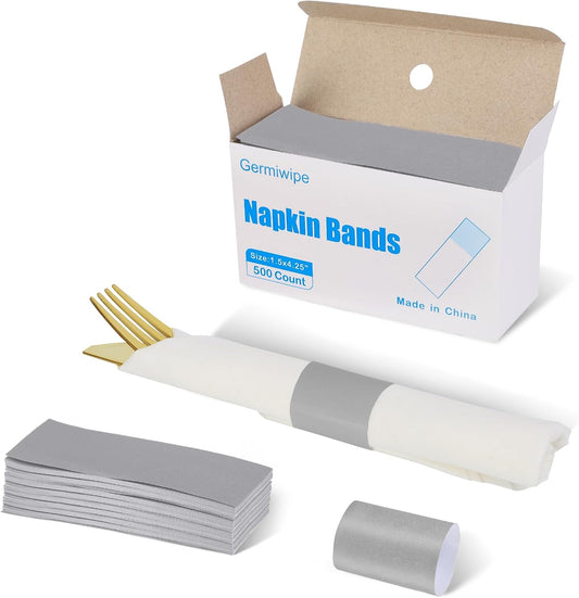 Germiwipe Gray Paper Napkin Bands Box of 500,Napkin Rings Self Adhesive,Silverware Wraps Bands,Perfect for Birthday Parties, Weddings, Family Reunion & Events(Gray - 500 PCS)