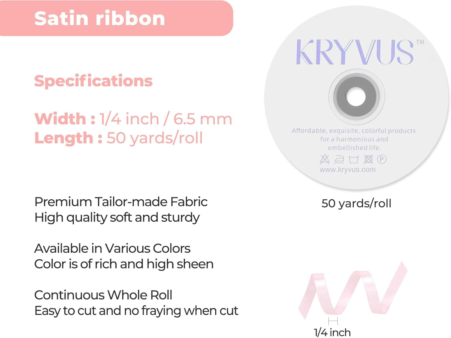 Baby Pink Satin Ribbon 1/4 inch X Continuous 50 Yards, Single Face Polyester Ribbon Perfect for Gift Wrapping, Flower Bouquet, Wedding Decor, Crafts, Bow Making, Sewing and More