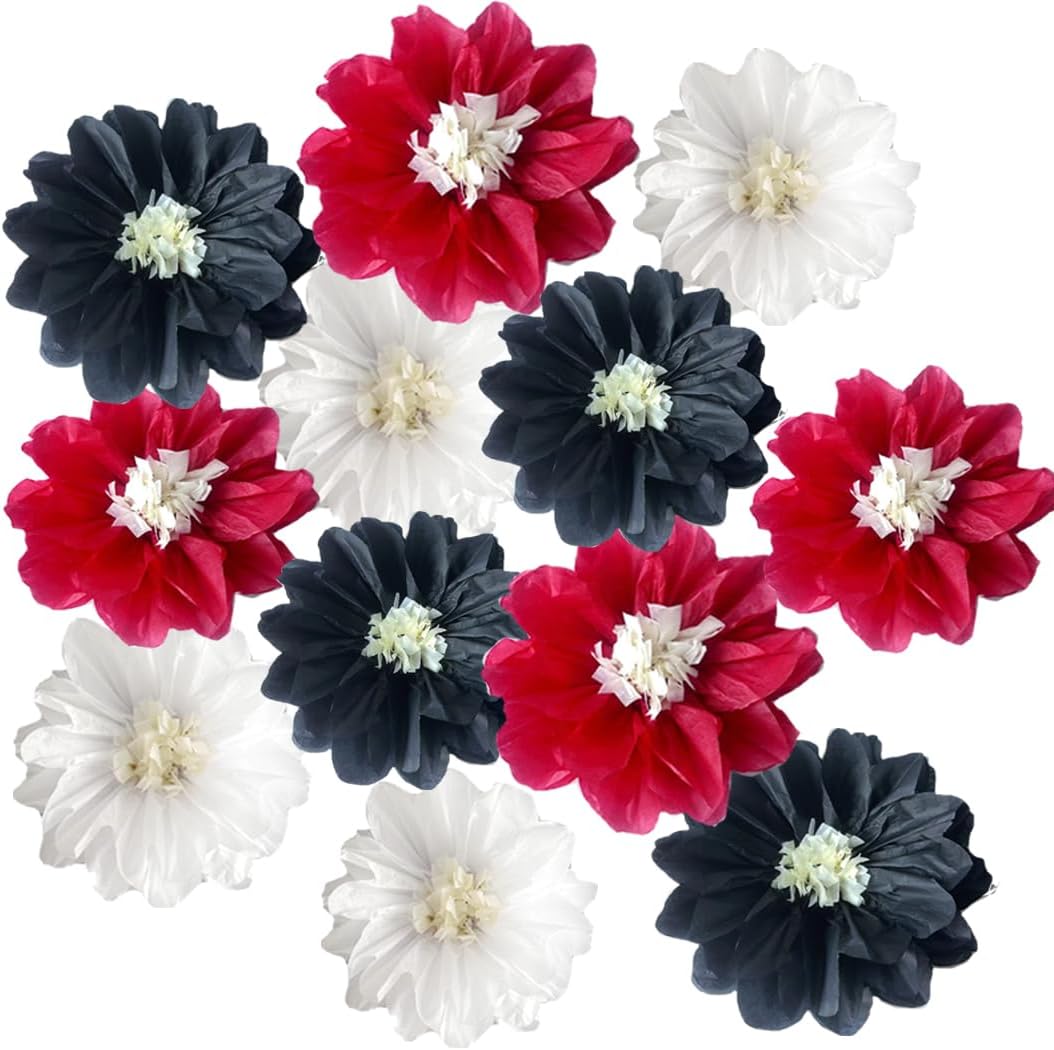 12pcs 10in 12in Paper Pom Poms Hanging Paper Flowers Wall Backdrop Wedding Party Flower Decorations DIY Art Craft Blooms for Birthday Baby Shower Decor White Red Black