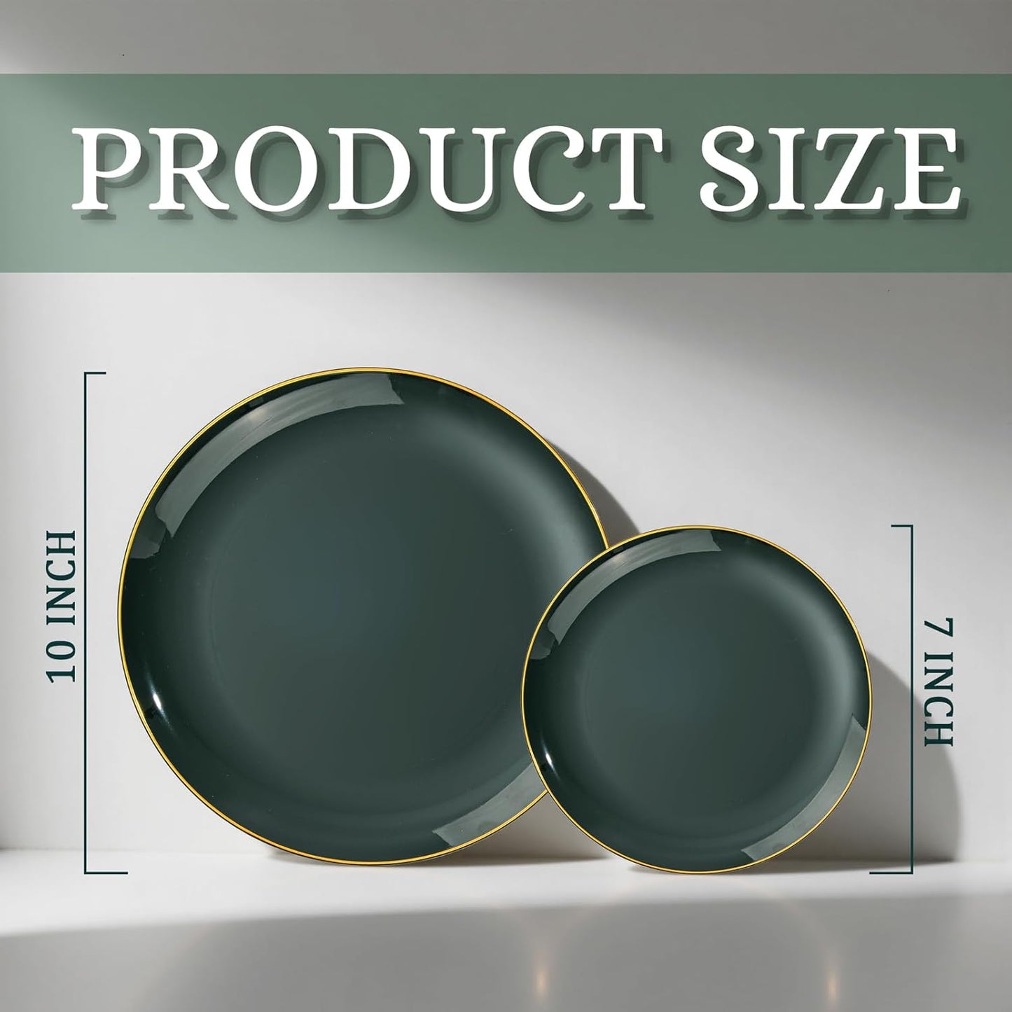 bUCLA 200PCS Green Plastic Plates - Green Disposable with Gold Rim Include 100 Dinner 10 inch & 100 Dessert 7 inch Plates, Ideal for Party & Christmas