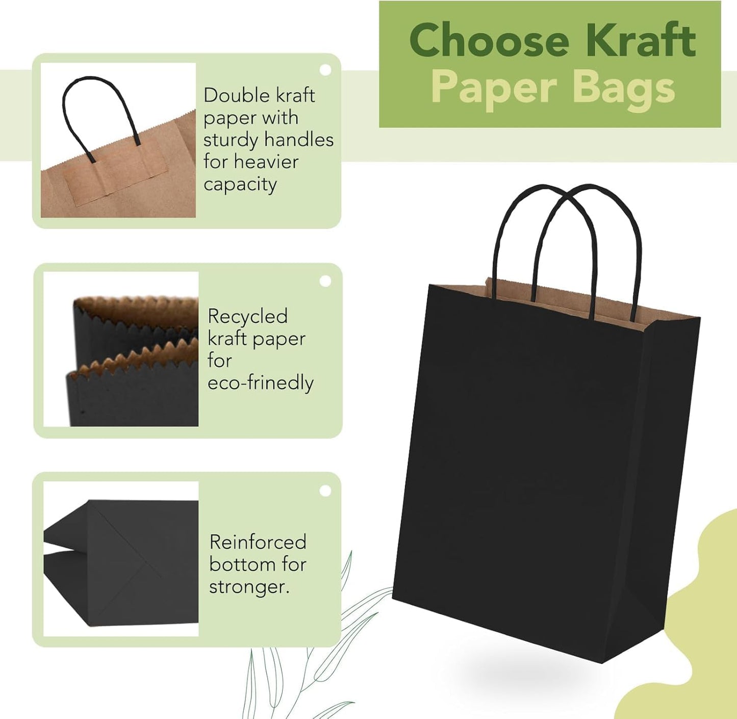 MESHA Gift Paper Bags 400 Pack 8X4.25X10.5 Black Medium Shopping Kraft Bags Bulk with Handles Reusable for Business,Grocery,Birthday,Wedding,Kids Party,Favors