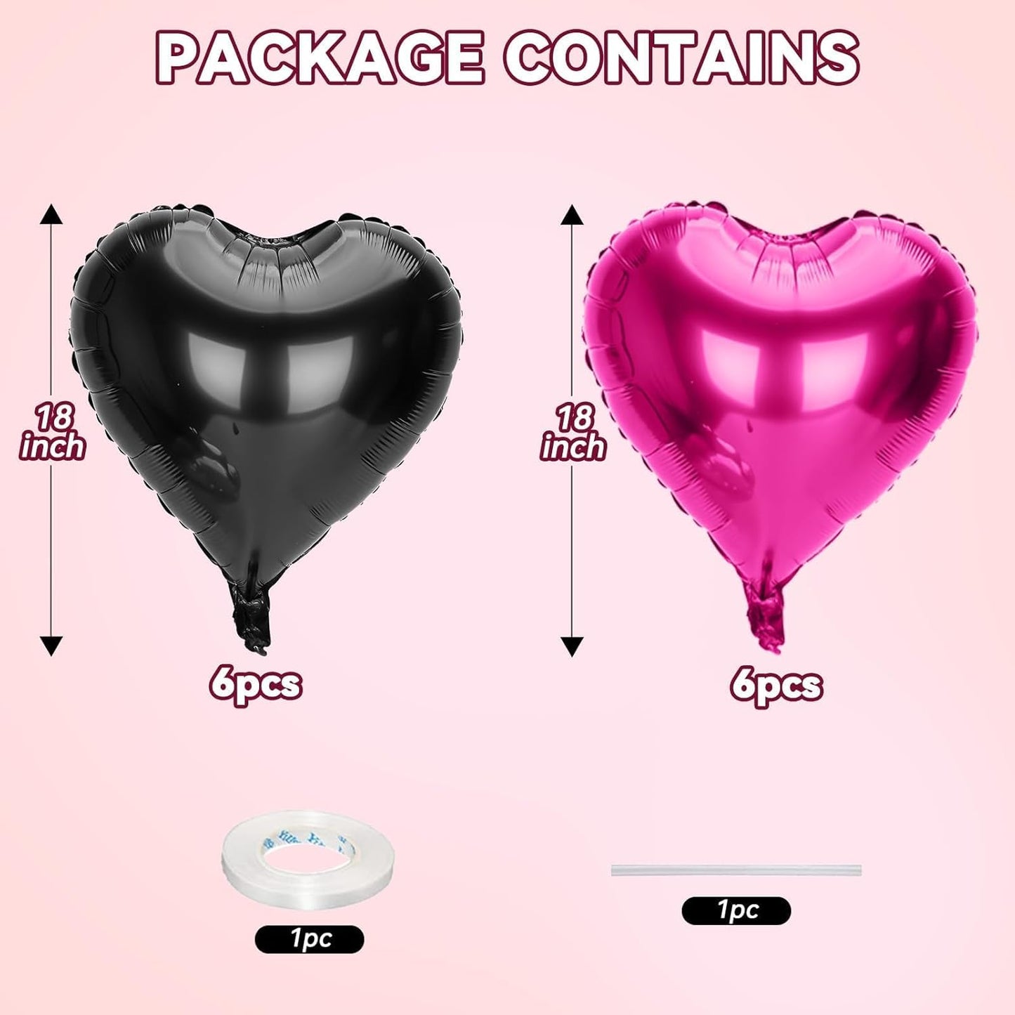 12 Pcs Heart Balloons, 18 inch Valentine's Day Balloons, Hot Pink Black Heart Foil Helium Balloon, Love Printed Foil Balloon for Valentine's Day Wedding Baby Shower Party Decorations