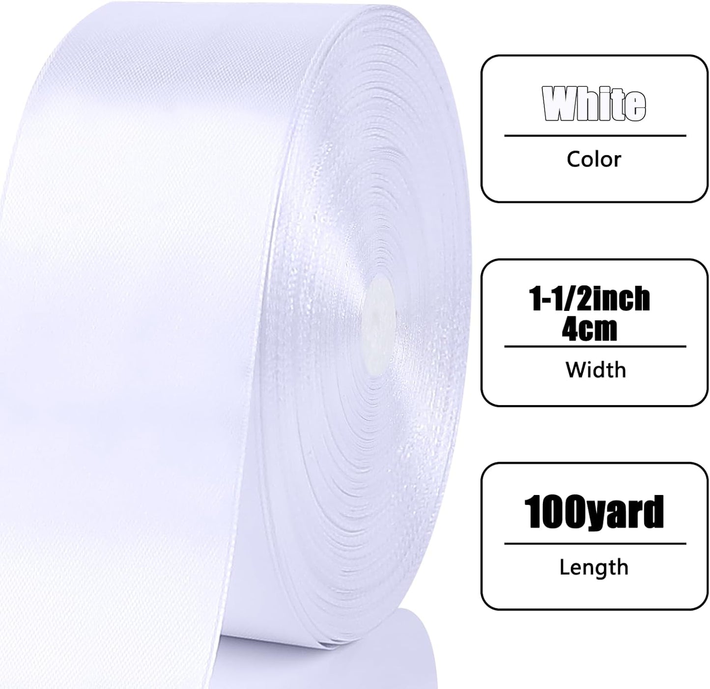 NESCCI 100 Yards Ribbon,1-1/2 Inch White Satin Ribbon,Single Face Satin Ribbons,Perfect for Gift Wrapping,Wedding Decoration,Handmade Bows, Wrapping Bouquet,Halloween,Christmas
