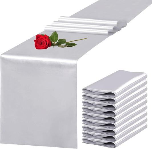 10 Pack Satin Table Runner 12 x 108 Inch Long Silver Silk Table Runner for Wedding Party Banquet Birthday Decoration