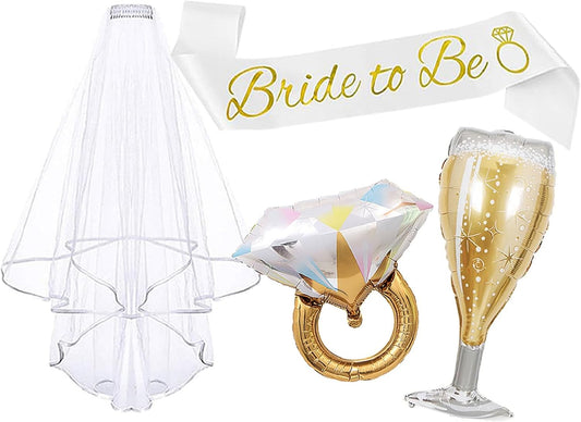 4PCS Bachelorette Blue Sash and Veil for Bride Party, Bride To Be Accessories for Bridal Shower Engagement Wedding