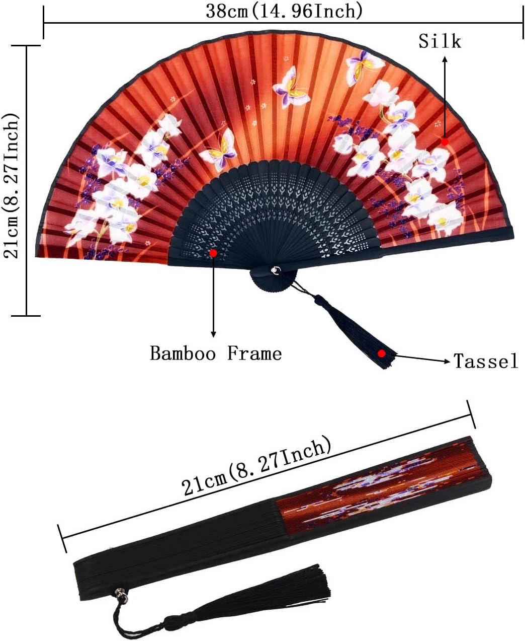 Amajiji Folding Hand Fan for Women, Chinese Japanese Vintage Style Bamboo Silk Hand Held Folding Fans for Party Wedding Dancing Decoration Gift Performance (AM-08)