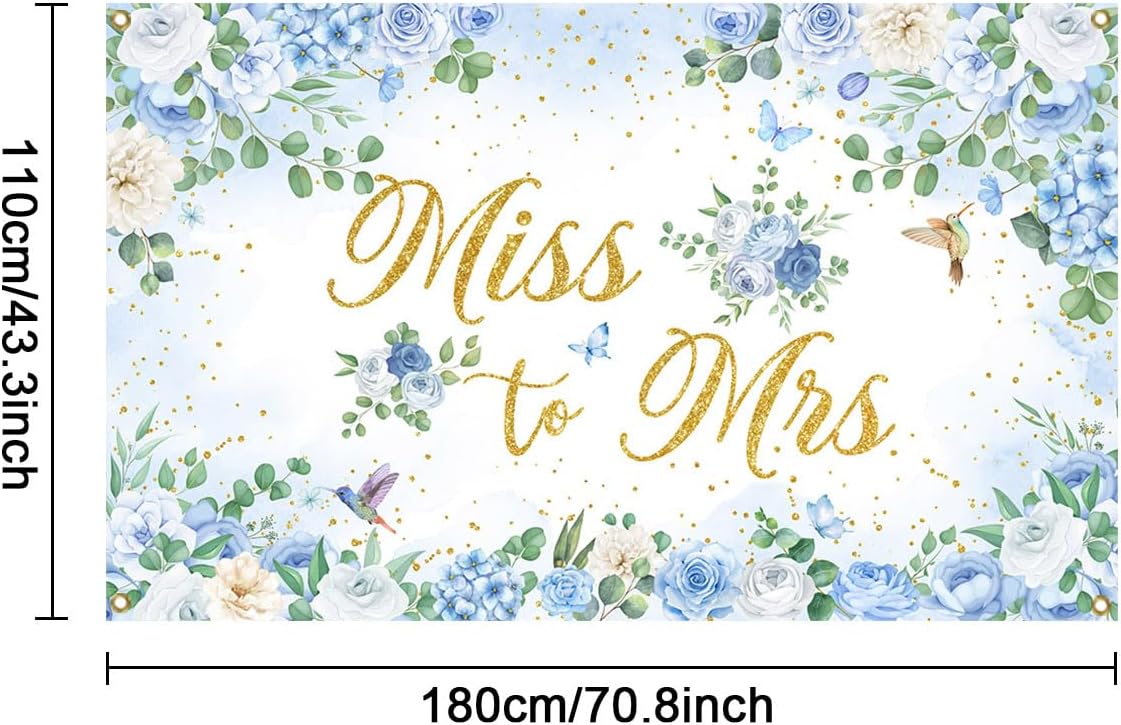 Mocsicka Miss to Mrs Banner Blue Floral Gold Dots Bridal Shower Party Decorations Banner for Wedding Engagement Bachelorette Party Backdrop for Photography Photo Booth Props (Blue, 70.8x43.3 inch)