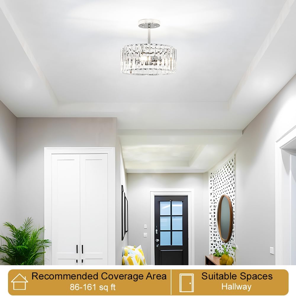 Modern Crystal Ceiling Light, Chrome Semi Flush Mount Ceiling Lighting Fixture, Hallway Light Fixtures Chandelier for Kitchen, Bedroom Dining Room Hallway Closet, 3-Light, 12 Inch