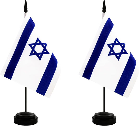 2 Pack Israel Desk Flag, Israeli Table Office Flag with Solid Pole and Stand Base, International Country Flag, Festival Celebration, Classroom Meeting Desktop Decoration (Israel)