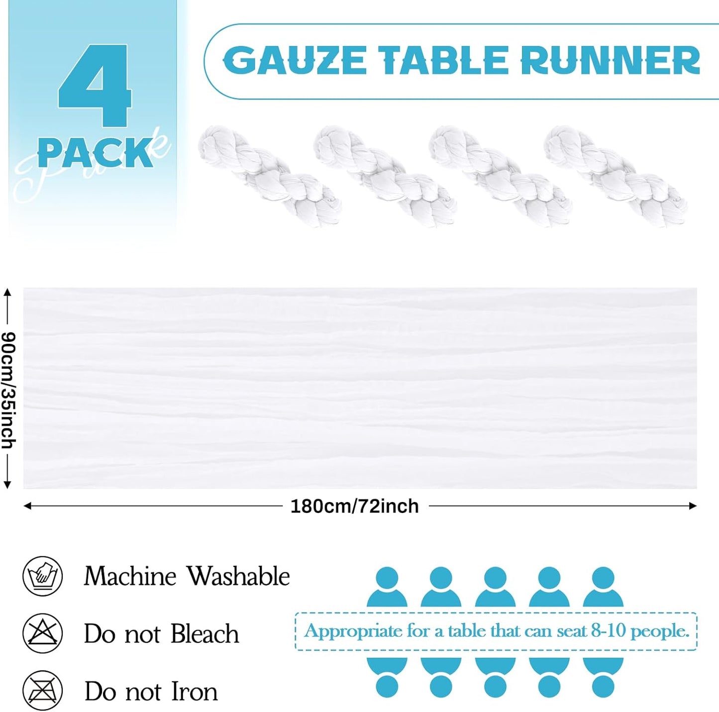 Aktor 4 Pack White Table Runner Boho Cheesecloth Table Runner Semi Sheer Gauze Fabric Runners for Wedding Birthday Baby Shower Party Boho Table Decoration（White）