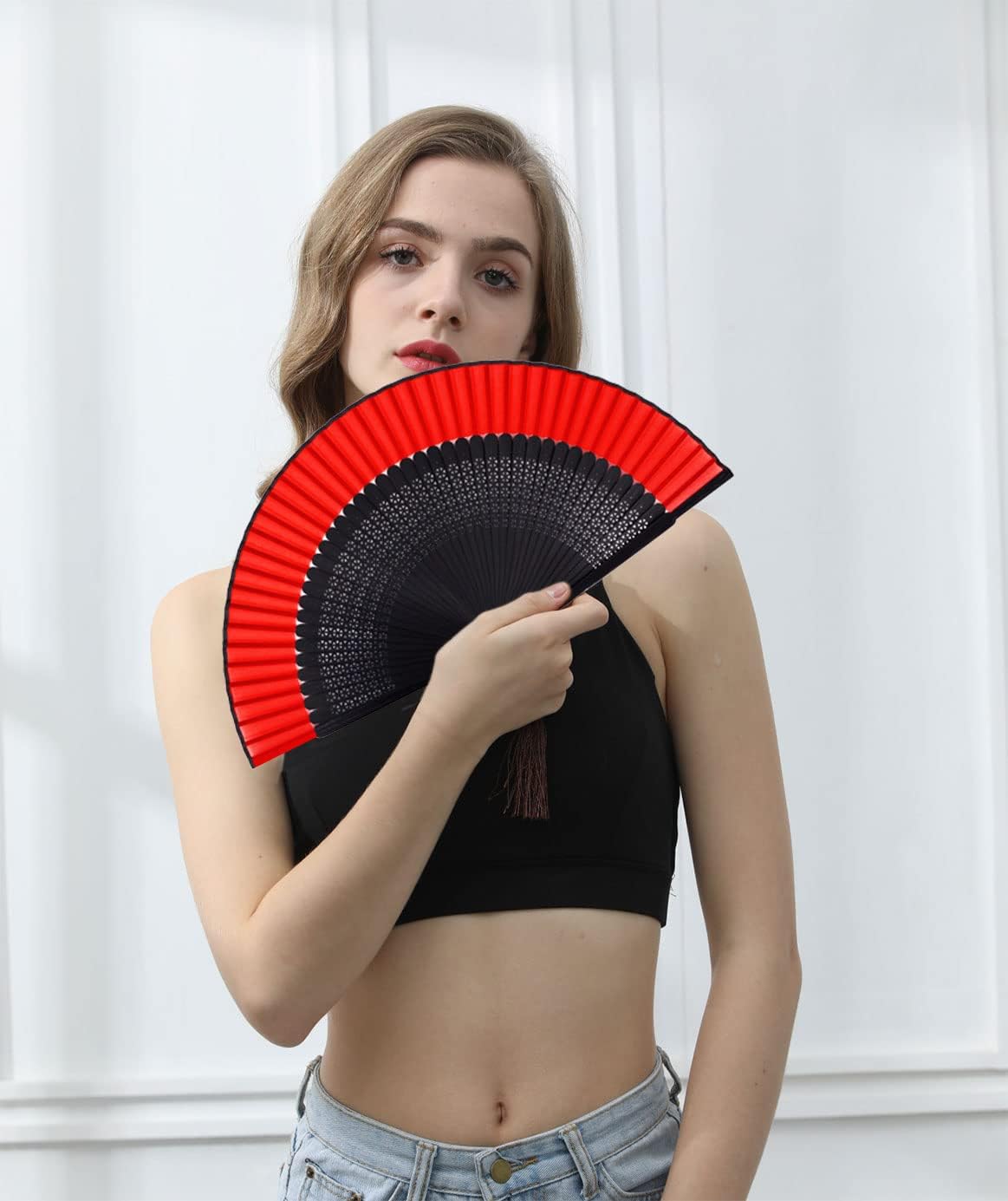 Amajiji Small Folding Hand Fan for Women, Chinese Japanese Vintage Style Bamboo Silk Fans for Party Wedding Dancing Decoration Gift Performance (AM-27)