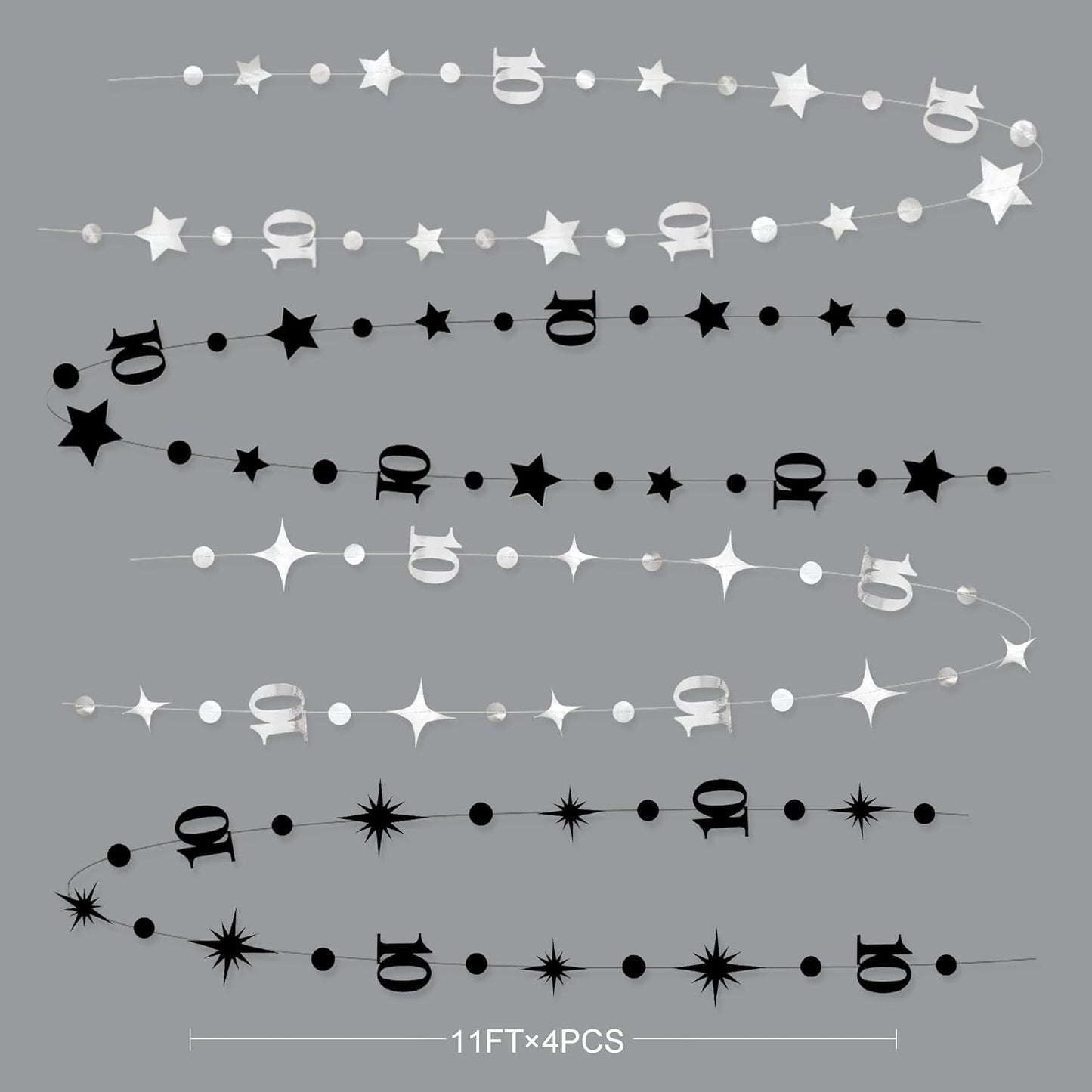 Silver Black 10th Birthday Decorations Number 10 Circle Dot Twinkle Star Garland Metallic Hanging Streamer Backdrop for Girls Boys Double Digits Ten Years Old Birthday 10th Anniversary Party Decor