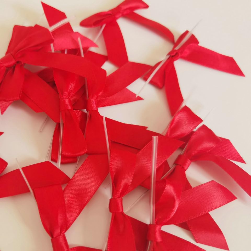 50pcs 2-1/2" Red Satin Ribbon Bows with Twist Ties for Gift Wrapping Packing Christmas Decoration (Red)