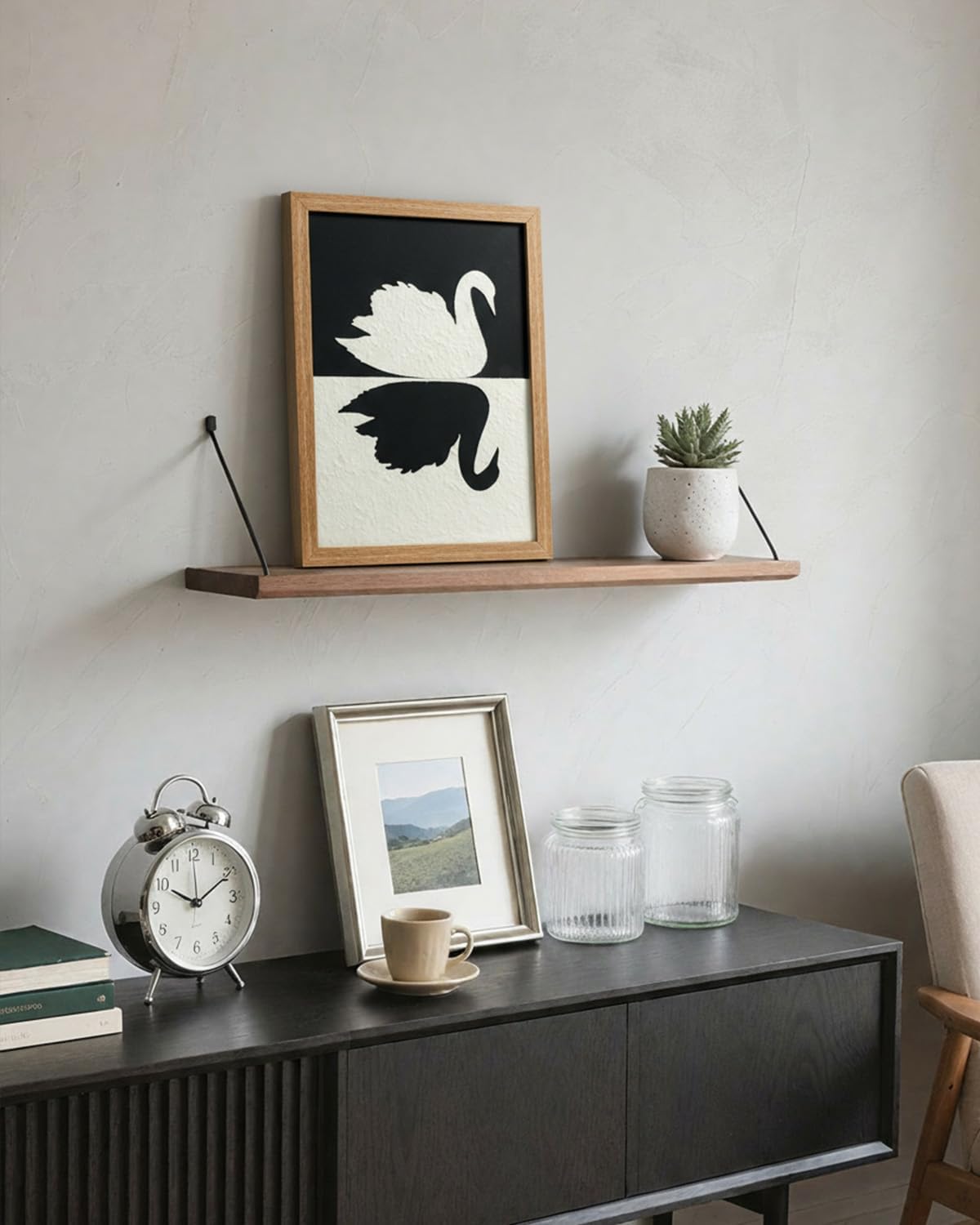 VIYYIEA Framed 3D Textured Wall Art, Handmade Paper Artwork,12x16inch, Modern Minimalist Black White Decor for Living Room Bedroom Shelf, Swan Reflection Abstract Picture