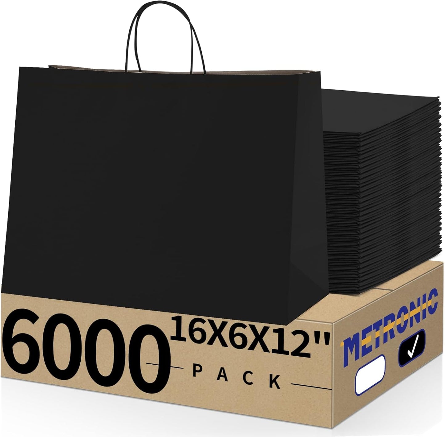 METRONIC Kraft Paper Gift Bags with Handles 16x6x12 Inch 6000 Pack | Christmas, Birthday Party Favors, Retail Shopping, Small Business Bulk | Black Gift Wrap Bag