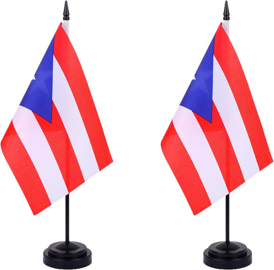 WXTWK 2 Pack Puerto Rico Flag Puerto Rico Deluxe Desk Flag Set - Mini Small Puerto Rican Table Office Flags with Black 12" Solid Pole Stand Base Classroom Meeting Desktop Decorations
