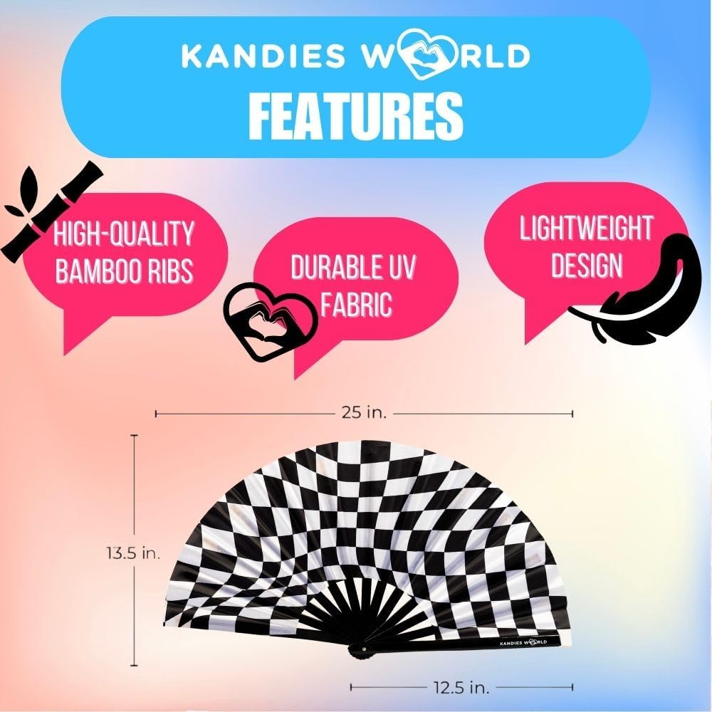 Kandies World Custom Festival Folding Hand Fan - Unique Designs, Made of Bamboo, Clacking Sound, Lightweight - Perfect Rave and Festival Accessory!