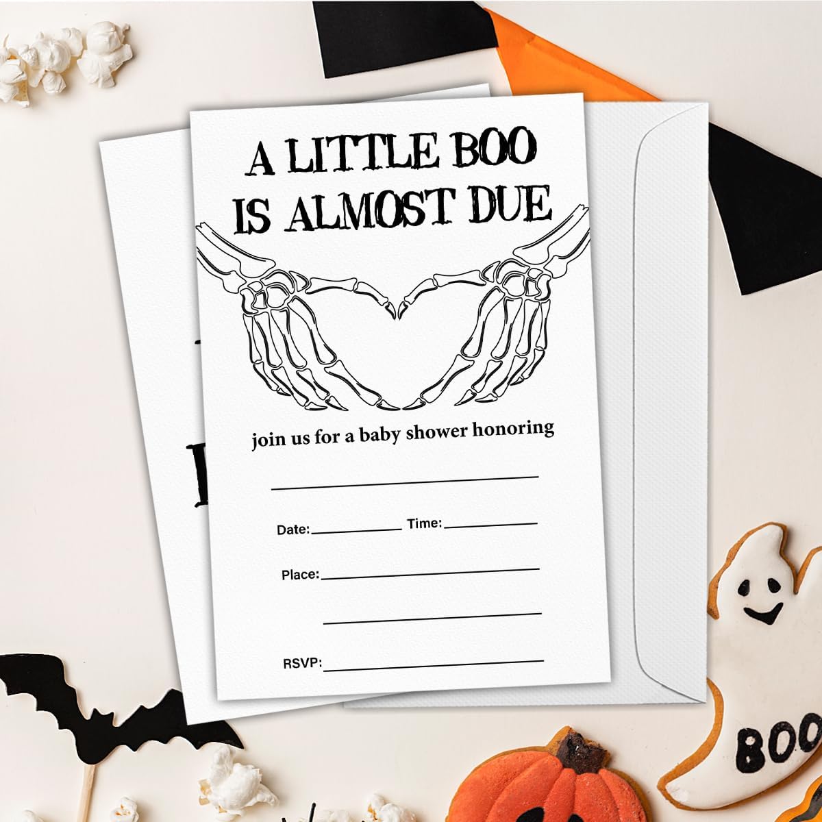 Halloween Baby Shower Party Invitations, Gothic Skeleton Spooky Baby Shower Party Fill in Invites Cards With Envelopes (20 Count) Double Sided Design, a Little Boo Is Almost Due