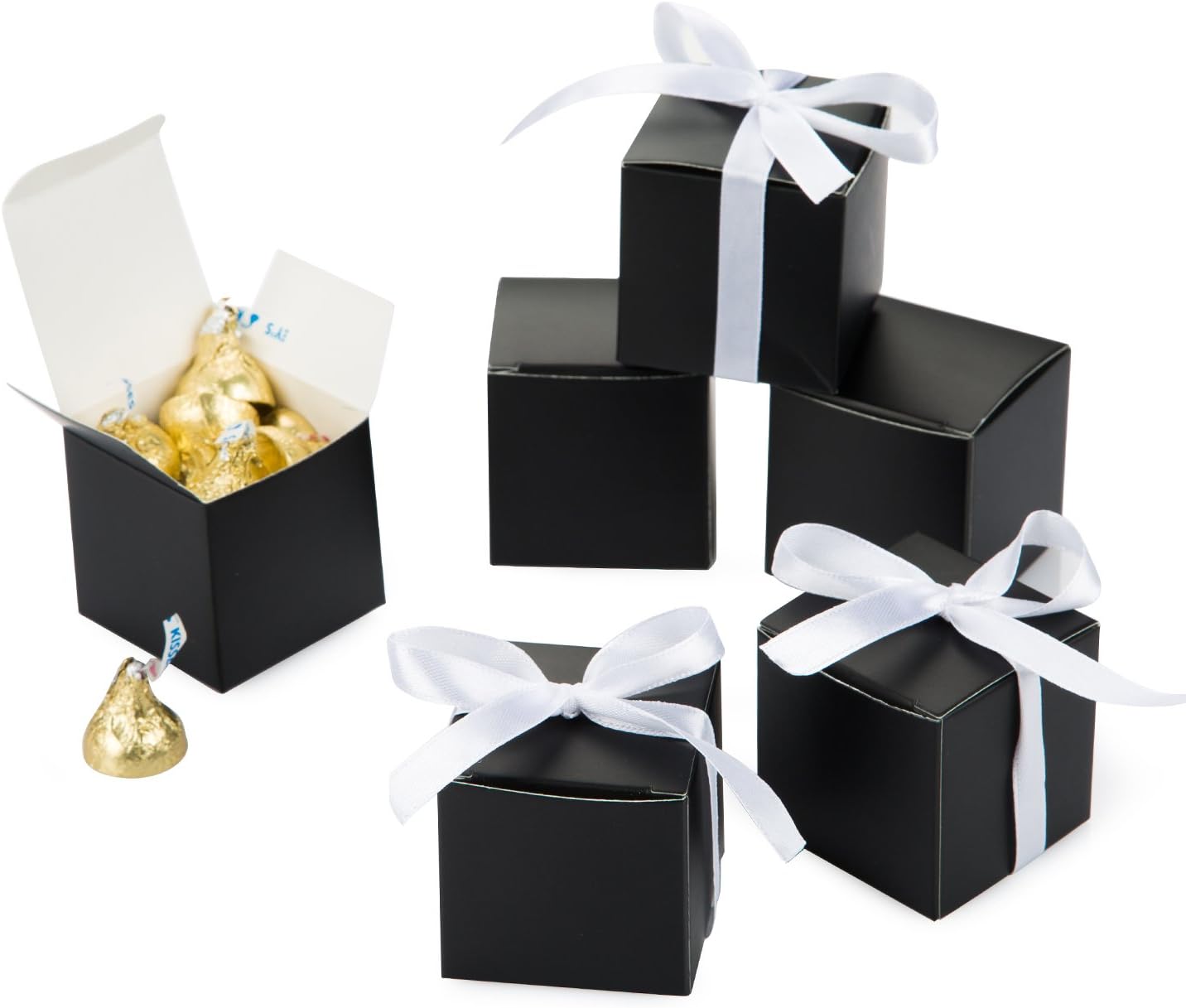 AWELL Black Gift Candy Box Bulk 2x2x2 inches with White Ribbon Party Favor Box,Pack of 50