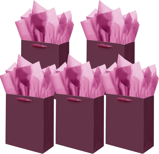 Gcardist Deep Purple Gift Bags with Tissue Paper for Wedding, Birthday, Party Supplies-7.9"x4.3"x9.6" Medium Size Cardboard Gift Bags（5pcs Bags +10pcs Tissue Paper ）