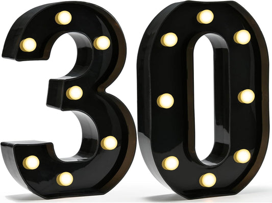 Pooqla Decorative Led Light Up Number Letters, Black Plastic Marquee Number Lights Sign for 30th Birthday Party Wedding Decor Battery Operated Black Decoration 30