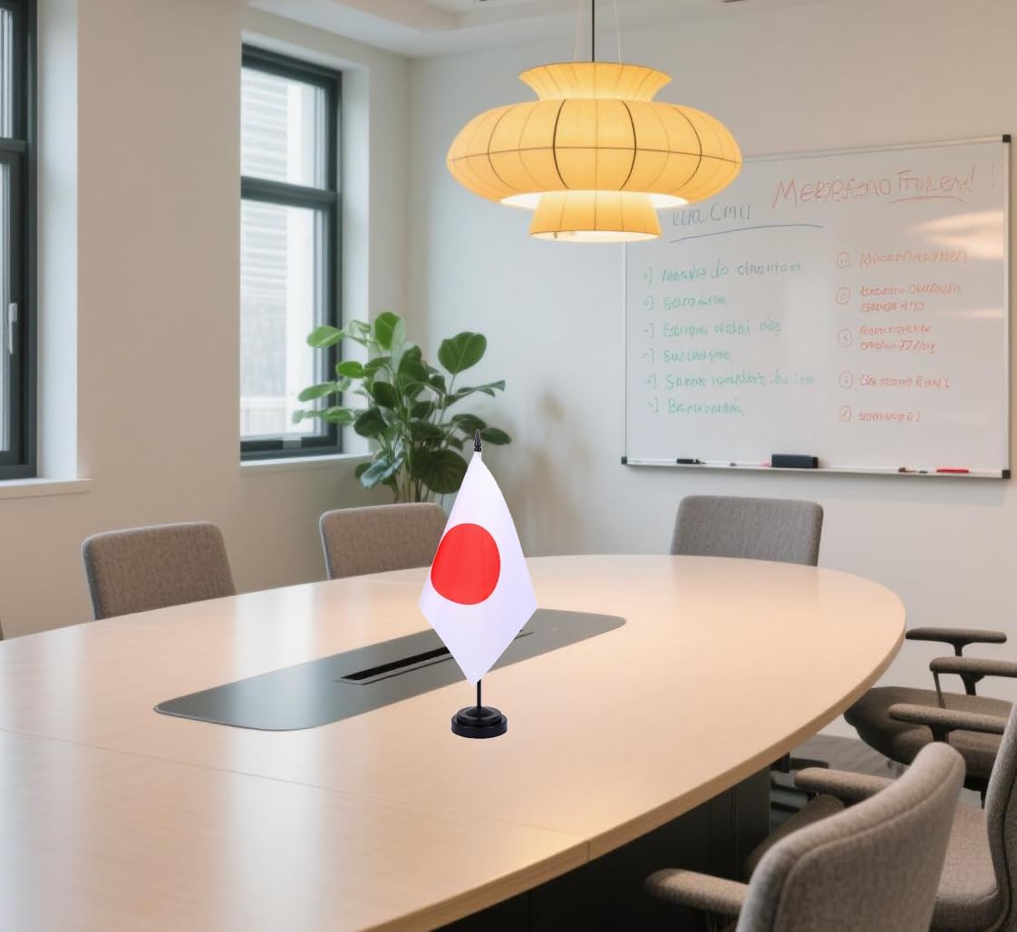 Japan Desk Flag 12" Solid Pole Deluxe Set Japanese Flags Banner Mini Small Japan Office Table Flags with Black Stand Base Desktop Decorations(2Pack)