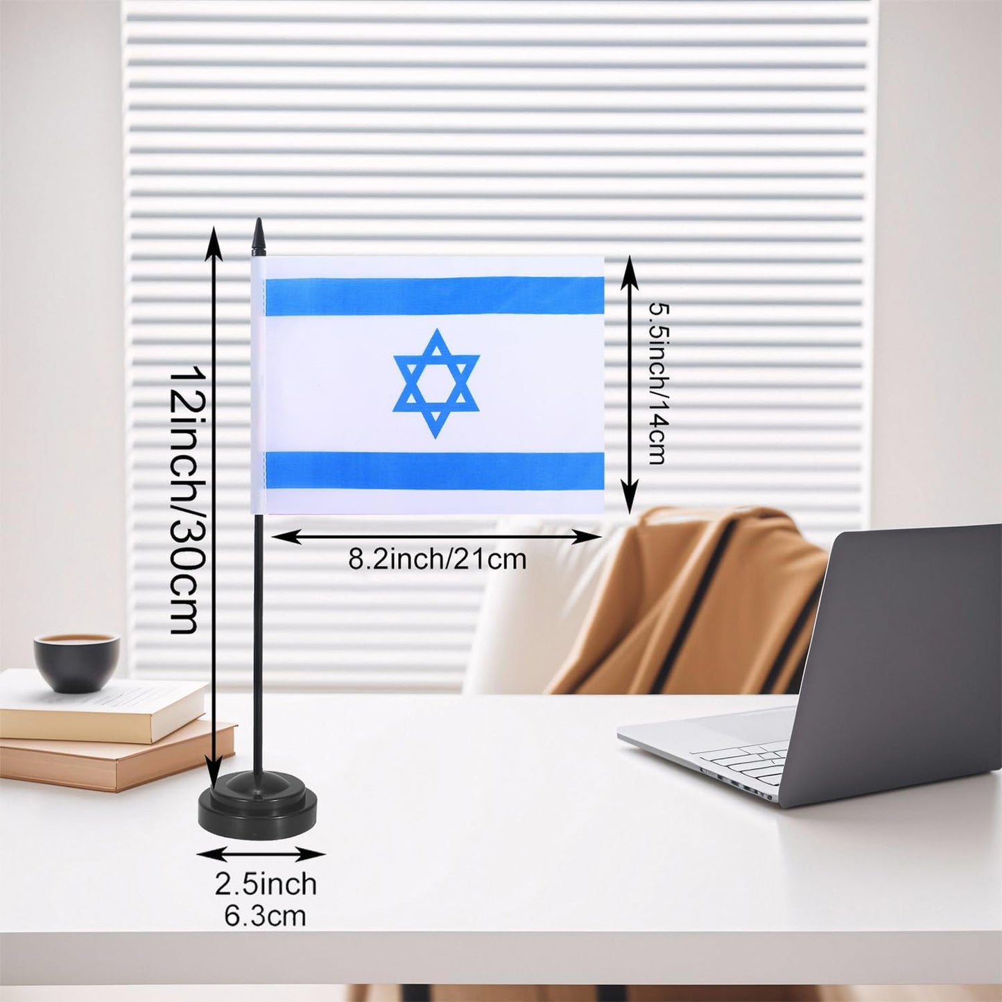 Israel Desk Flag 12" Solid Pole Deluxe Set Israeli Flags Banner Mini Small Israel Office Table Flags with Black Stand Base Desktop Decorations(2Pack)