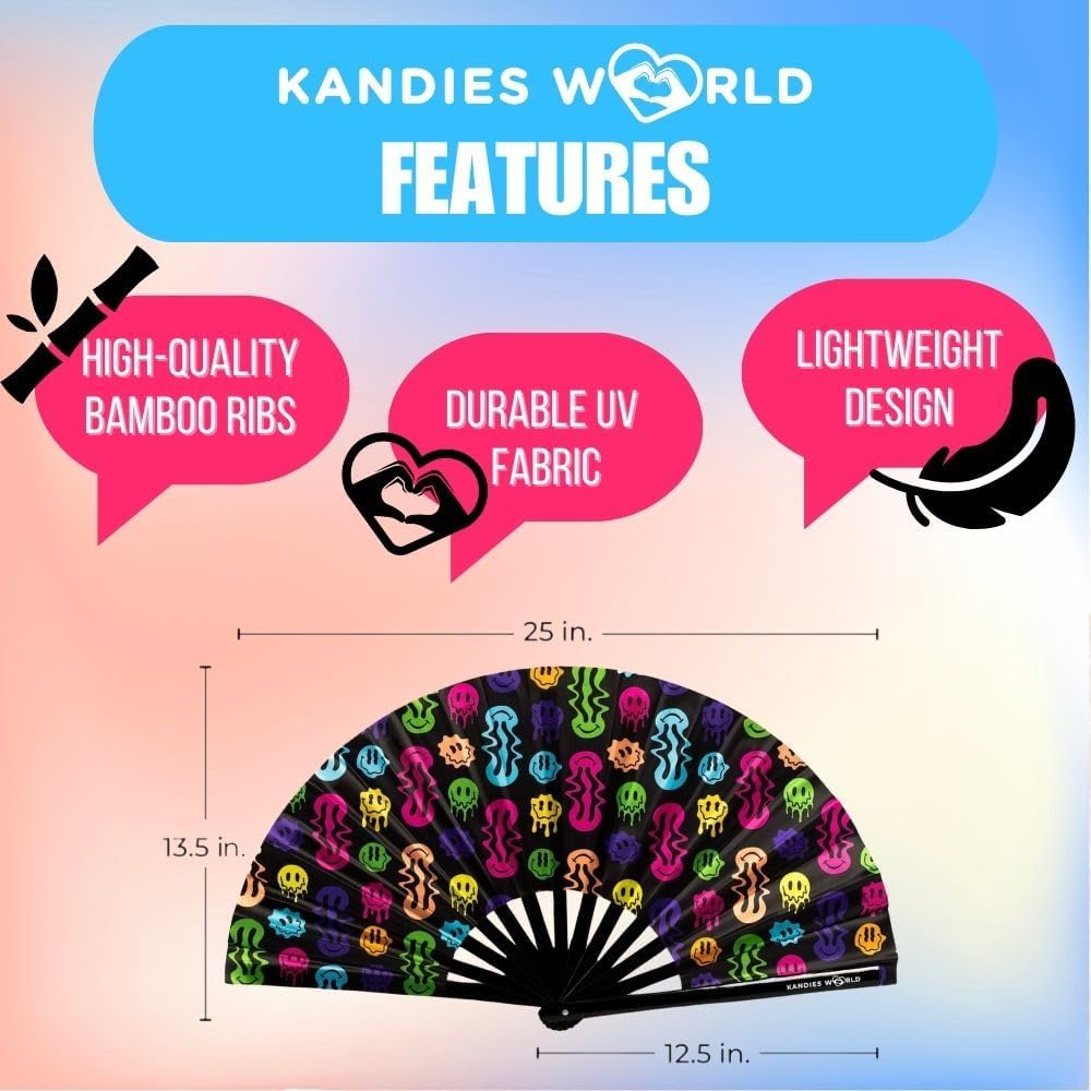 Kandies World UV Reactive Custom Festival Folding Hand Fan - Unique Designs, Made of Bamboo, Clacking Sound, Lightweight - Perfect Rave and Festival Accessory!