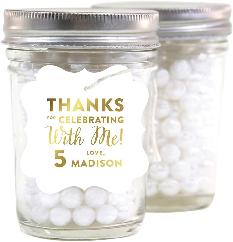 Andaz Press Personalized Fancy Frame Square Birthday Gift Tags, Metallic Gold Ink, Thanks for Celebrating with Me with Age, 24-Pack, Custom Made Name Age, Gold Decorations