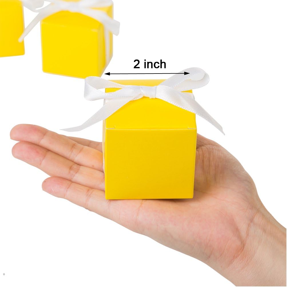 AWELL Yellow Gift Candy Box Bulk 2x2x2 inches with White Ribbon Party Favor Box,Pack of 50
