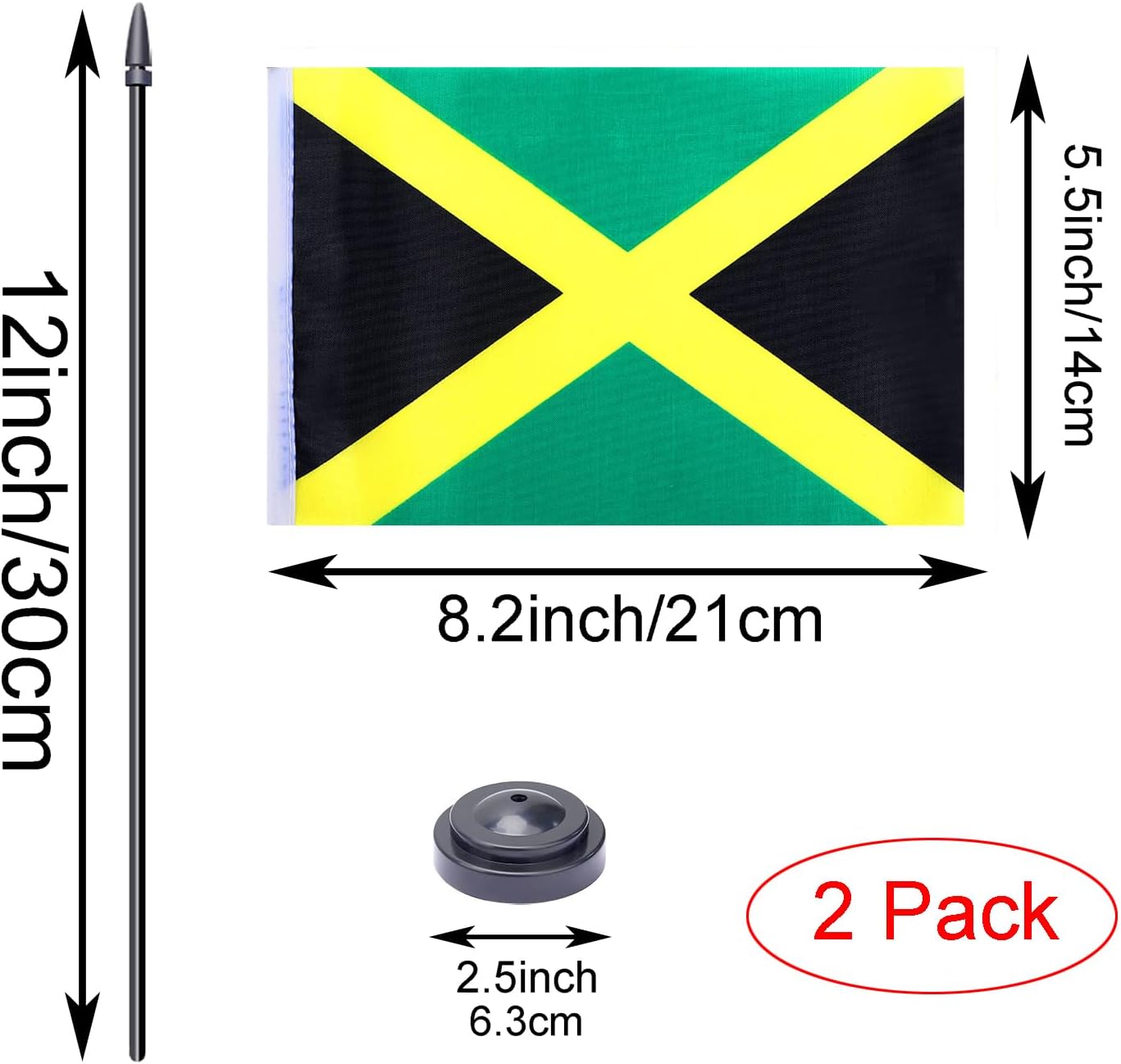 WXTWK 2 Pack Jamaica Flag Jamaica Deluxe Desk Flag Set - Mini Small Jamaican Table Office Flags with Black 12" Solid Pole Stand Base Classroom Meeting Desktop Decorations