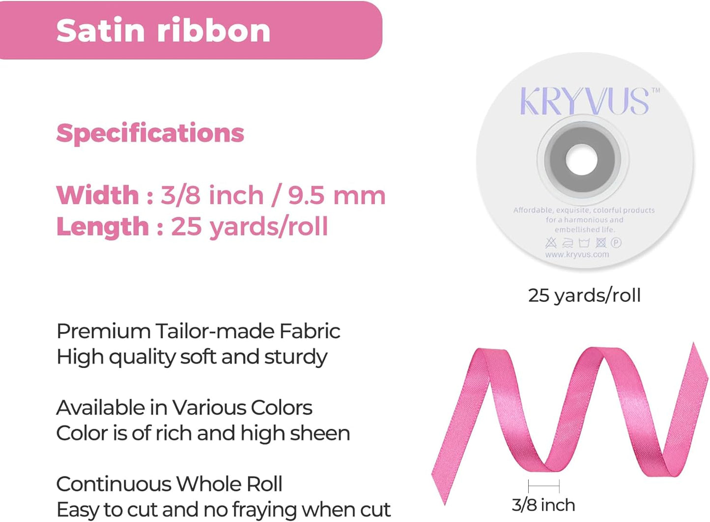Hot Pink Satin Ribbon 3/8 inch X Continuous 25 Yards, Single Face Polyester Ribbon Perfect for Gift Wrapping, Flower Bouquet, Wedding Decor, Crafts, Bow Making, Sewing and More