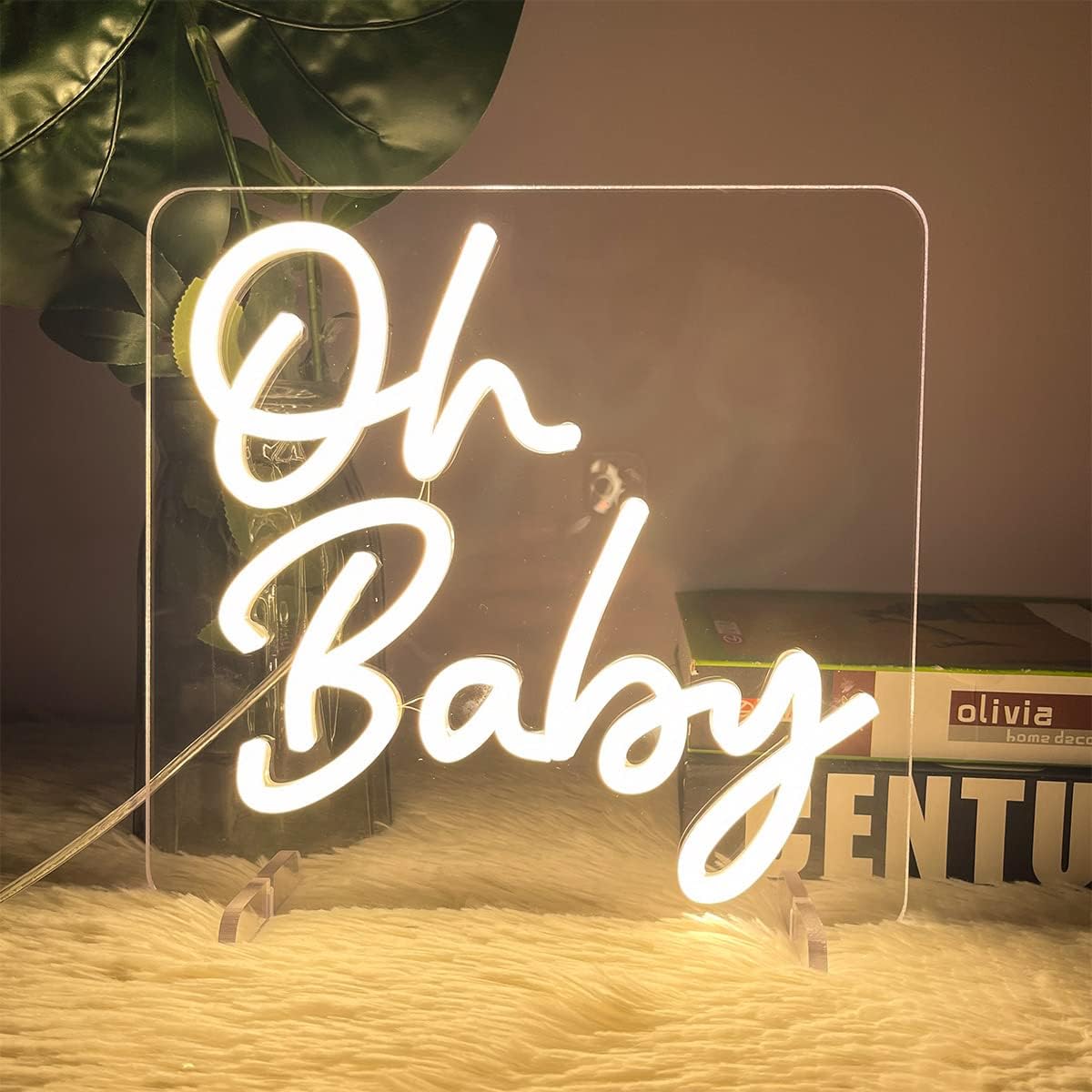 Oh Baby Table Number Neon Sign Desk Lamp Night Light Wedding Letter LED Neon Sign Wedding Table Decorations Neon Light Bedroom Home Room Decor Christmas Party Warm White USB 25×24 CM
