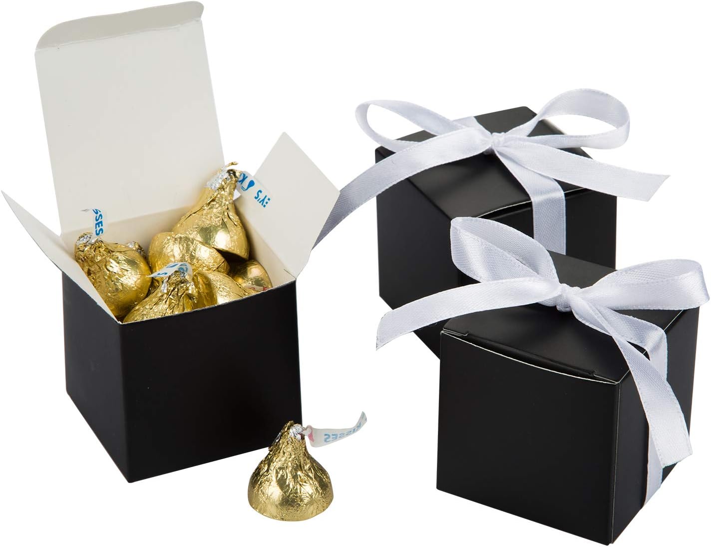 AWELL Black Gift Candy Box Bulk 2x2x2 inches with White Ribbon Party Favor Box,Pack of 50