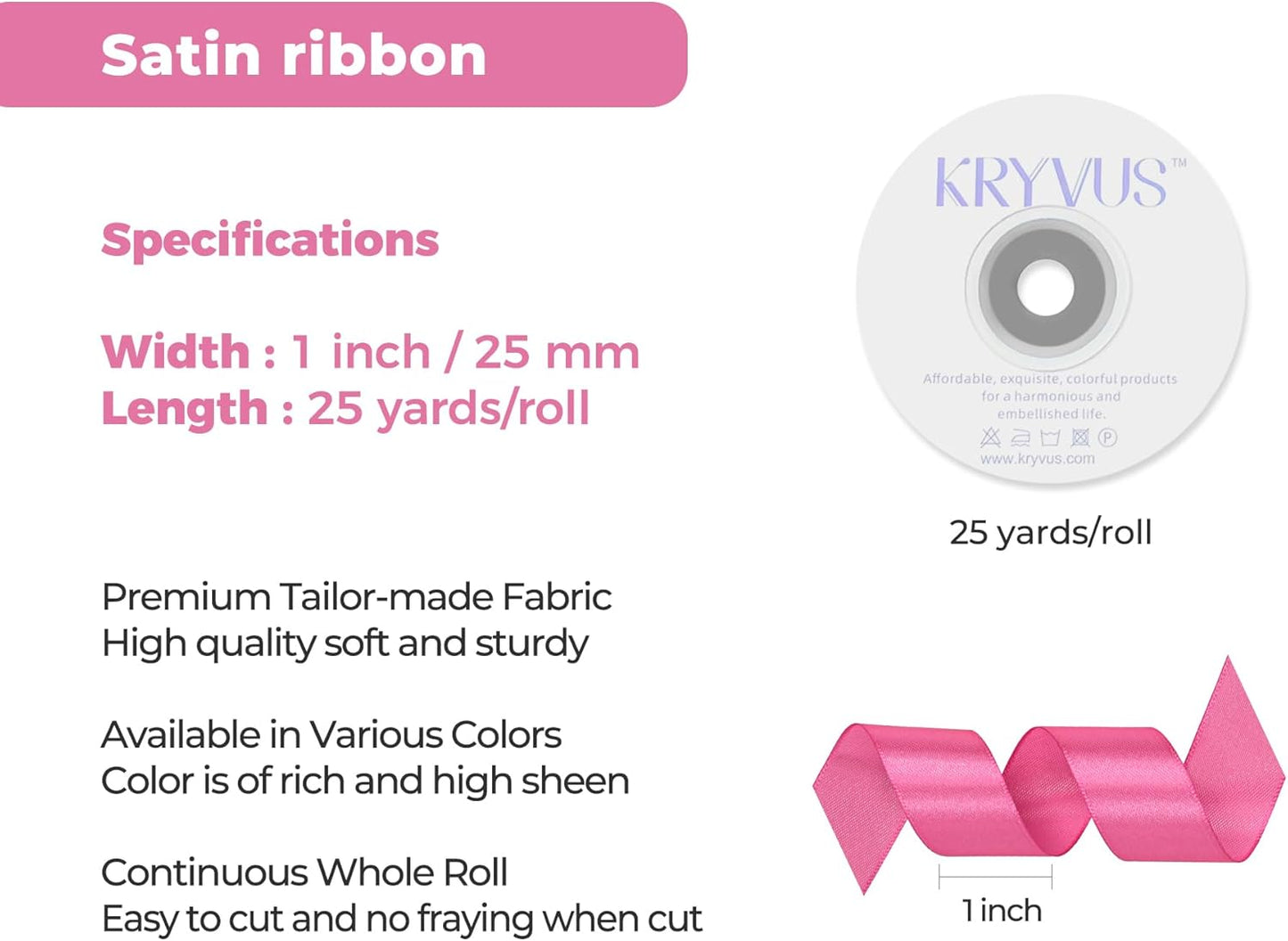 Hot Pink Satin Ribbon 1 inch X Continuous 25 Yards, Single Face Polyester Ribbon Perfect for Gift Wrapping, Flower Bouquet, Wedding Decor, Crafts, Bow Making, Sewing and More