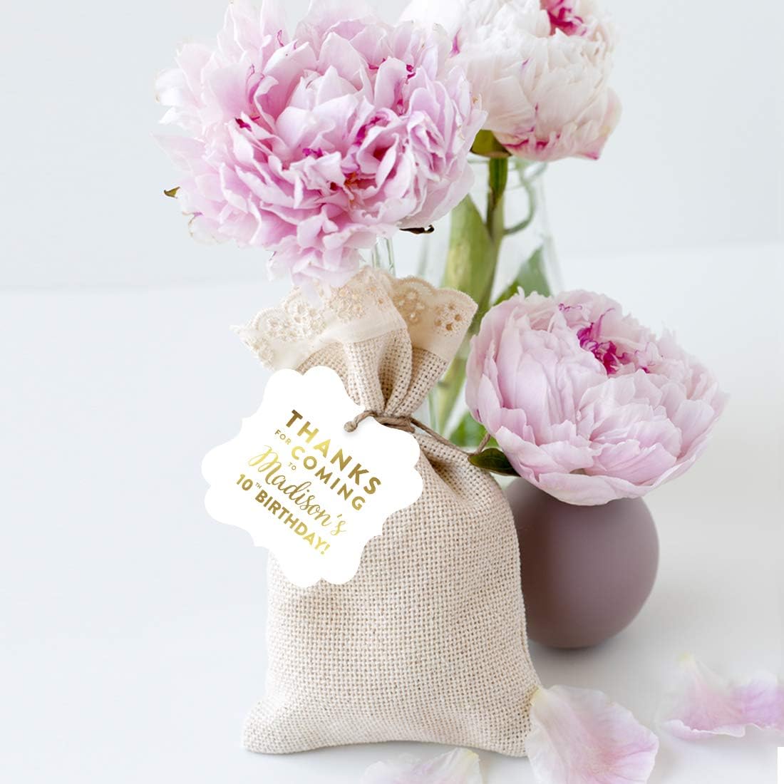 Andaz Press Personalized Fancy Frame Square Birthday Gift Tags, Metallic Gold Ink, Thanks for Coming to Madison's 10th Birthday Block Style, 24-Pack, Custom Made Name Age