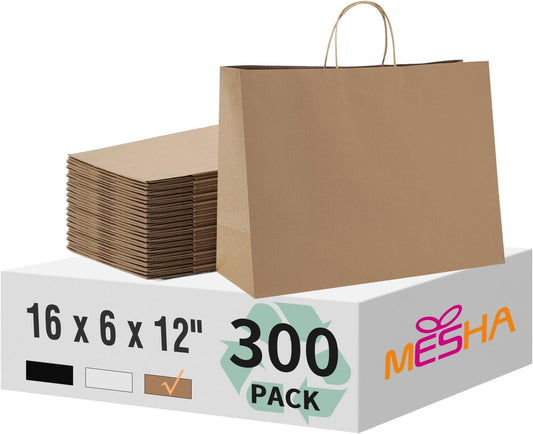 MESHA Kraft Paper Bags 16X6X12 Brown Large Gift Bags with Handles Bulk,300 Pcs for Small Business,Birthday Wedding Party Favor Bag,Paper Shopping Bag