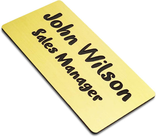 Custom Engraved Name Tag Badges for Business, Personalized Identification with Pin, Magnetic, Adhesive, or Blank Backing, 1.5"x3", Gold/Black Text