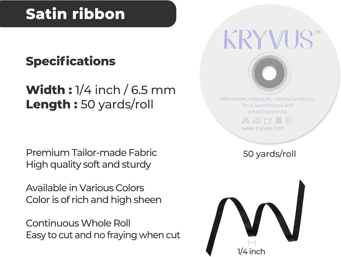 Black Satin Ribbon 1/4 inch X Continuous 50 Yards, Single Face Polyester Ribbon Perfect for Gift Wrapping, Flower Bouquet, Wedding Decor, Crafts, Bow Making, Sewing and More