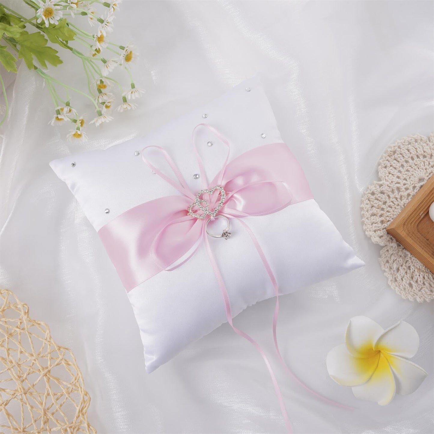 QIRMIZI Ring Pillow,Pearls Ring Cushion, Ring Bearer, Ring Holder for Beach Wedding, Wedding Ceremony, Proposal,Pink