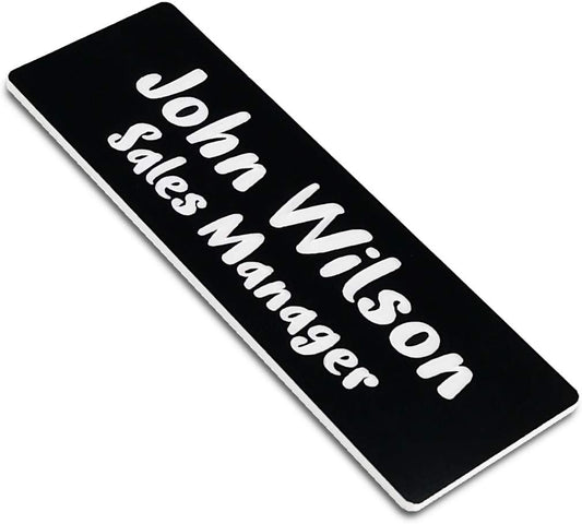 Custom Engraved Name Tag Badges for Business, Personalized Identification with Pin, Magnetic, Adhesive, or Blank Backing, 1"x3", Black/White Text