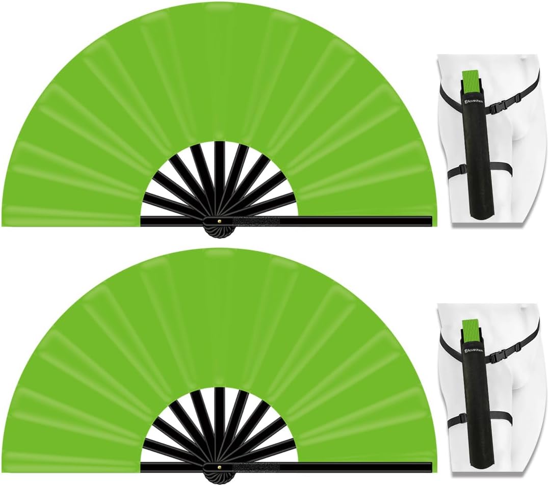 13" Large Folding Rave Fan with Holster, Clack Hand Fans Foldable for Line Dancing, Boots On The Ground Fan for Women Men Festival EDM Party Decoration, Green 2 Pack