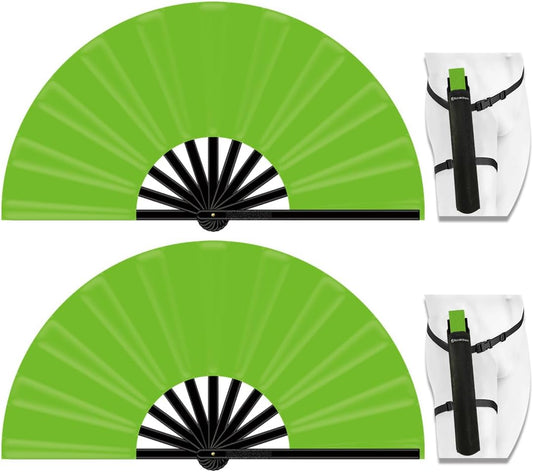 13" Large Folding Rave Fan with Holster, Clack Hand Fans Foldable for Line Dancing, Boots On The Ground Fan for Women Men Festival EDM Party Decoration, Green 2 Pack