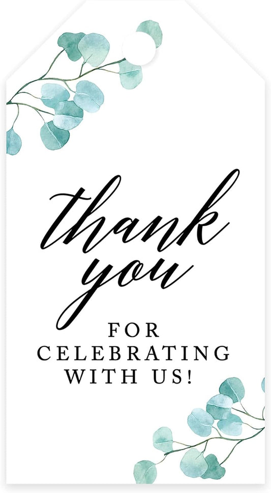 Andaz Press 100-Pack Thank You for Celebrating with Us Favor Tags Silver Dollar Eucalyptus Cardstock Gift Tags with Bakers Twine for Wedding Baby Shower Bridal Shower Party Favors 2 x 3.75-Inches