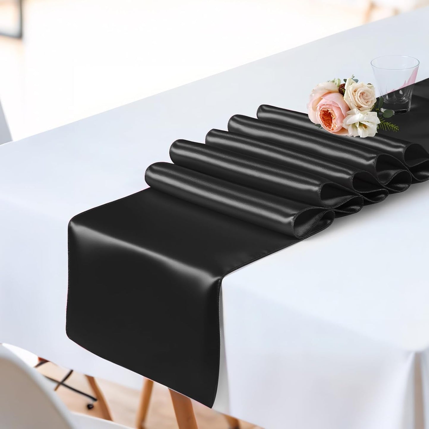 SHEJIZE 10 Pack Black Satin Table Runner 12x108 Inches Long, Bright Silky Smooth Satin Table Runner Table Decor for Wedding Banquet Christmas Prom Event Birthday Party